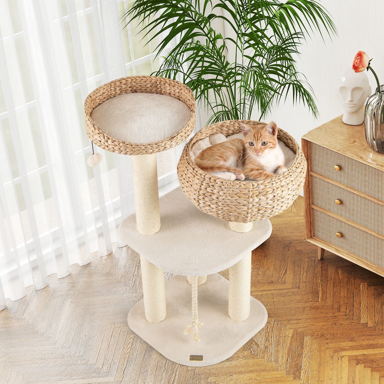 Hand-Woven Rattan Cat Tree: Multi-Level Activity Center with Scratching Posts