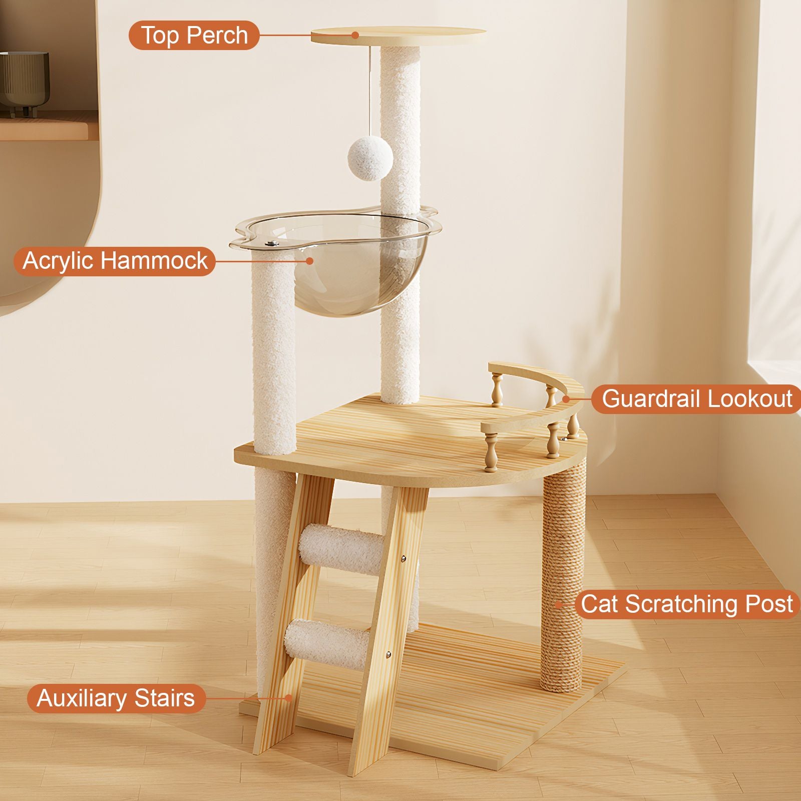 Modern furniture-style Cat Tower with Sisal Scratching Posts and Acrylic Hammock