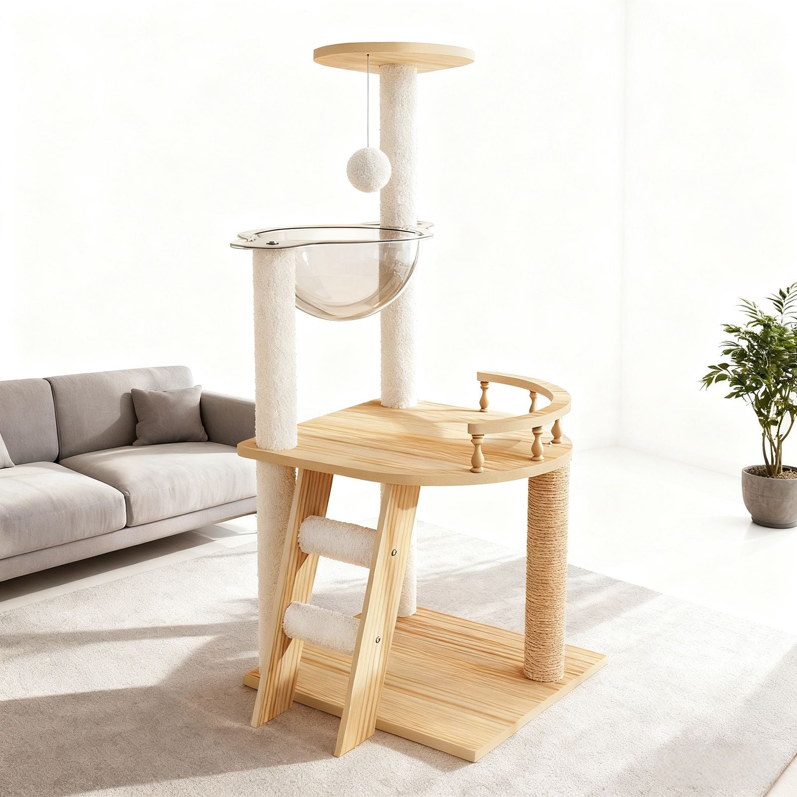 Modern furniture-style Cat Tower with Sisal Scratching Posts and Acrylic Hammock