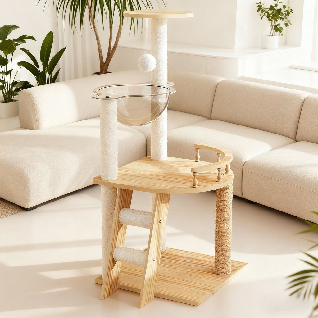 Modern furniture-style Cat Tower with Sisal Scratching Posts and Acrylic Hammock