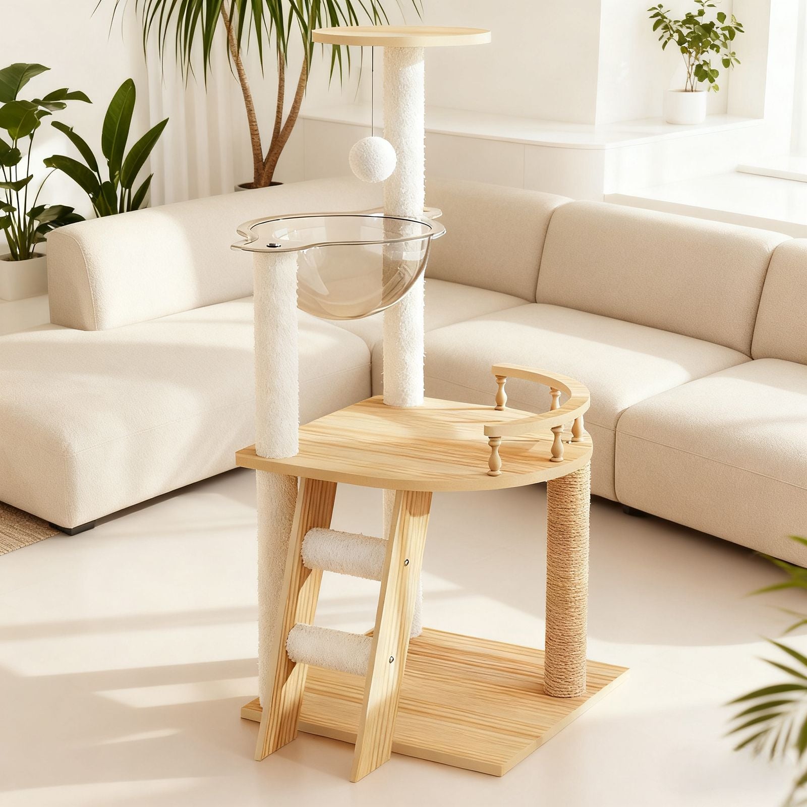Modern furniture-style Cat Tower with Sisal Scratching Posts and Acrylic Hammock
