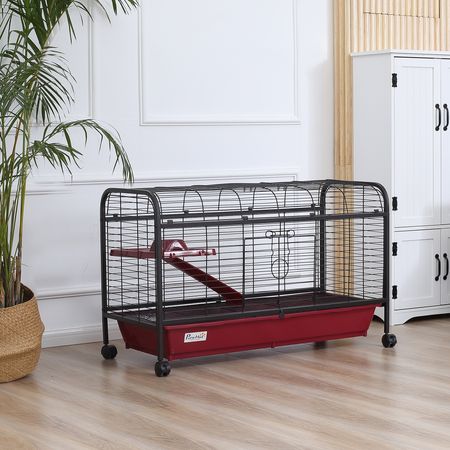 41"L Small Animal Cage, Pet Play House for Rabbit Hutch Ferret with Feeder, Rolling Wheels, Platform, Ramp