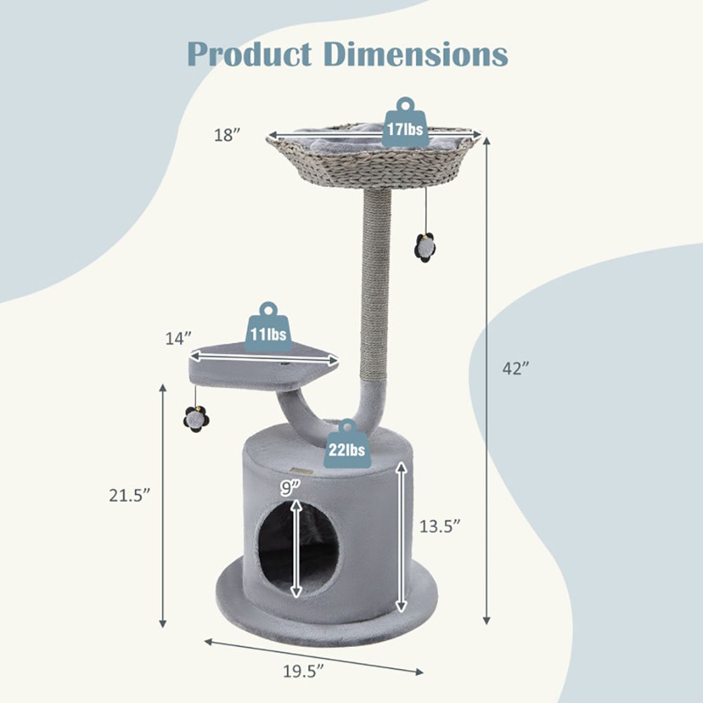 42 Inch Cat Tower with Curved Metal Supporting Frame for Large and Small Cats