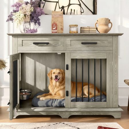 44.48" Large Dog Crate Furniture with Storage Drawers and Rotating Bowls