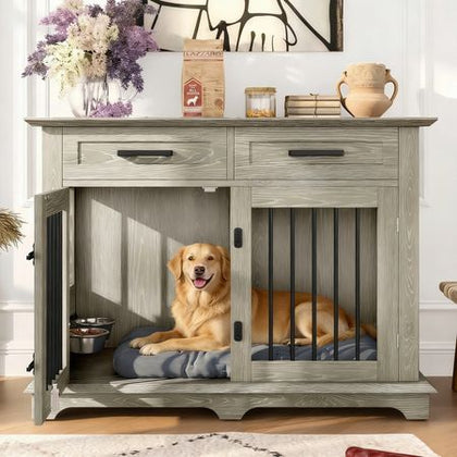 44.48" Large Dog Crate Furniture with Storage Drawers and Rotating Bowls