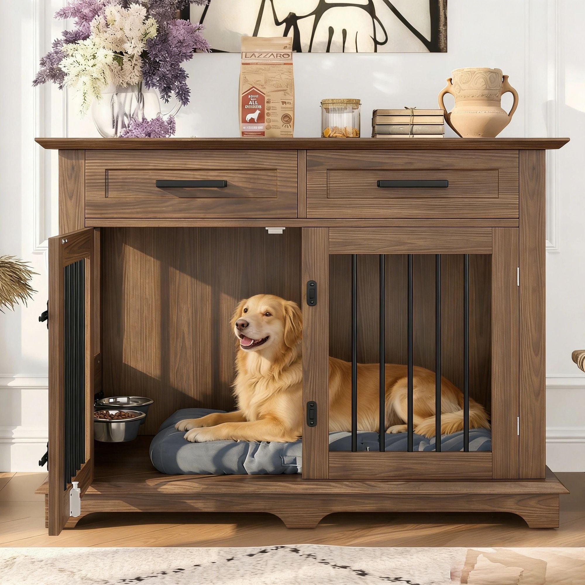 44.48" Large Dog Crate Furniture with Storage Drawers and Rotating Bowls