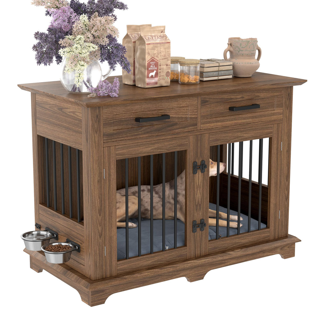 44.48" Large Dog Crate Furniture with Storage Drawers and Rotating Bowls