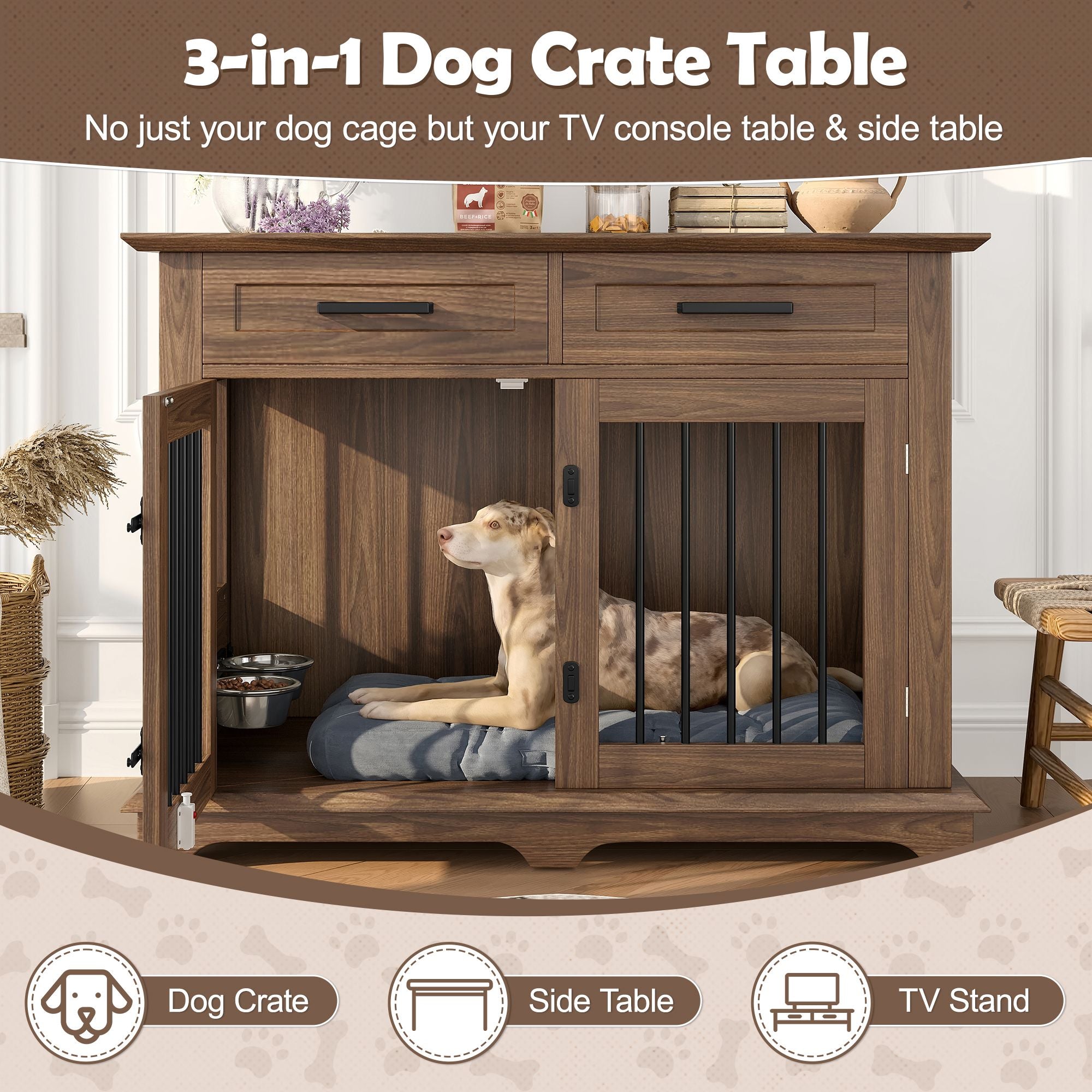 44.48" Large Dog Crate Furniture with Storage Drawers and Rotating Bowls