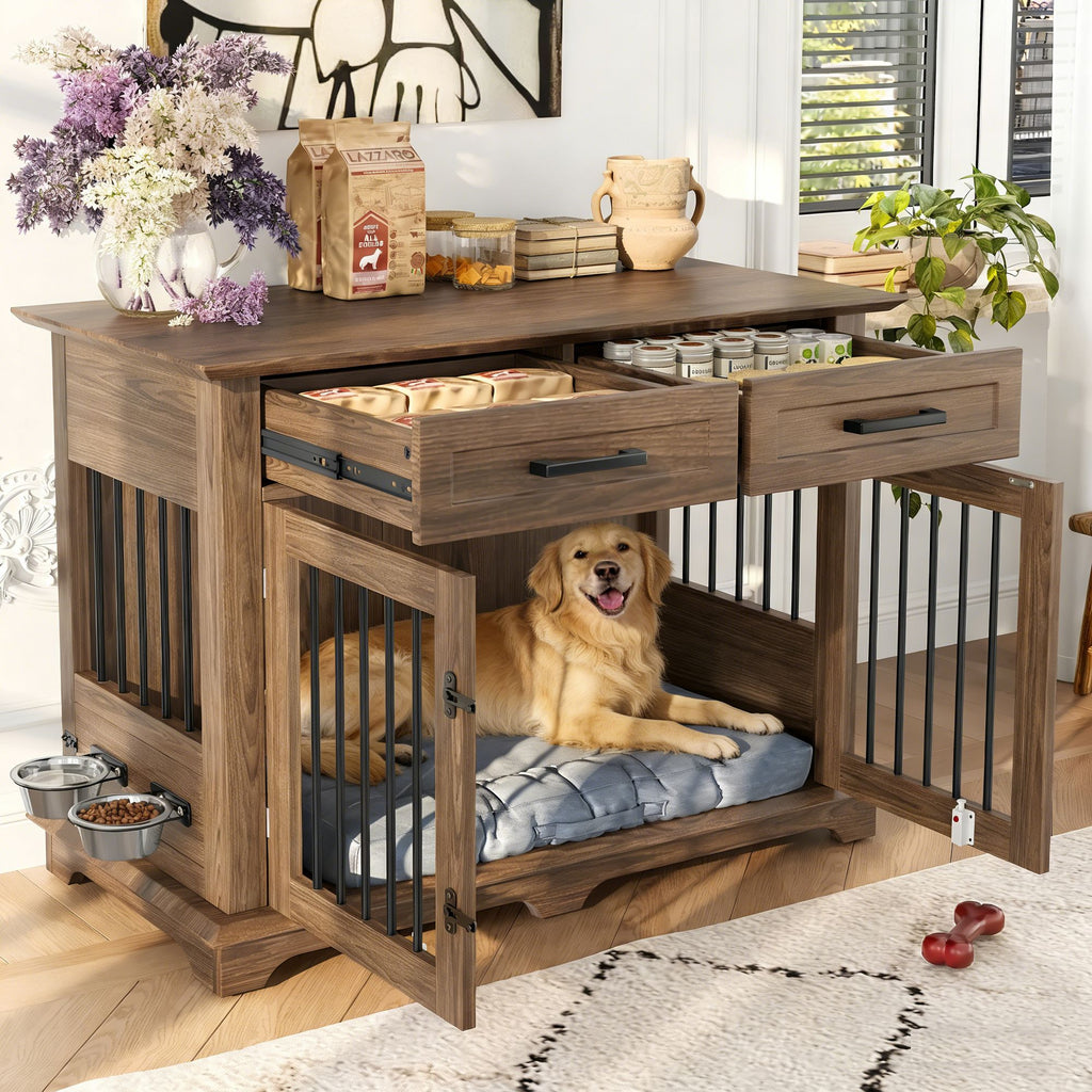 44.48" Large Dog Crate Furniture with Storage Drawers and Rotating Bowls