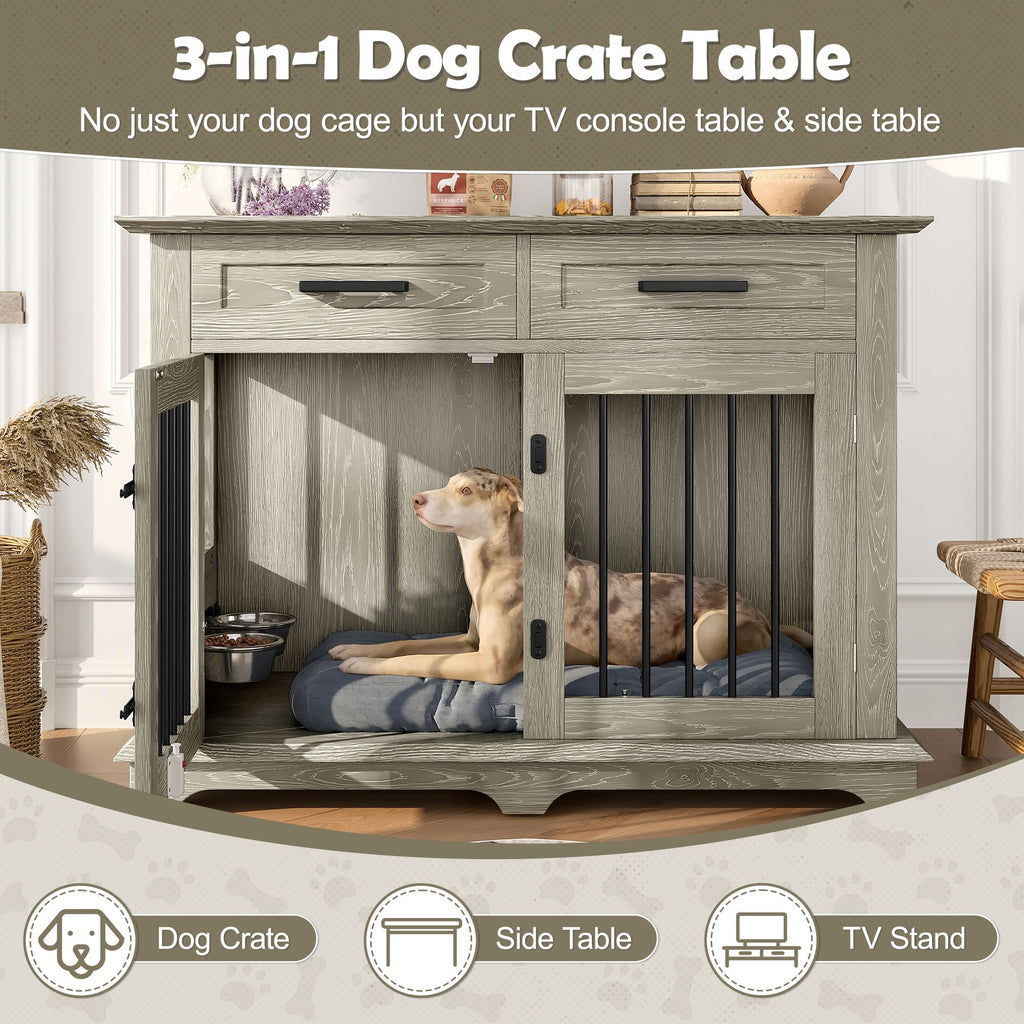44.48" Large Dog Crate Furniture with Storage Drawers and Rotating Bowls