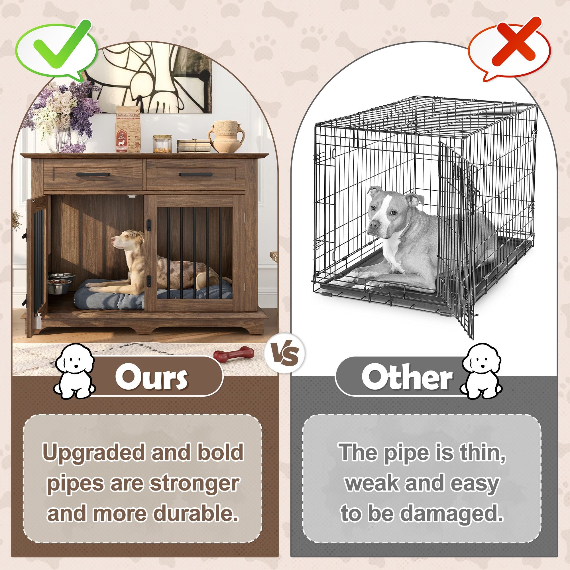 44.48" Large Dog Crate Furniture with Storage Drawers and Rotating Bowls