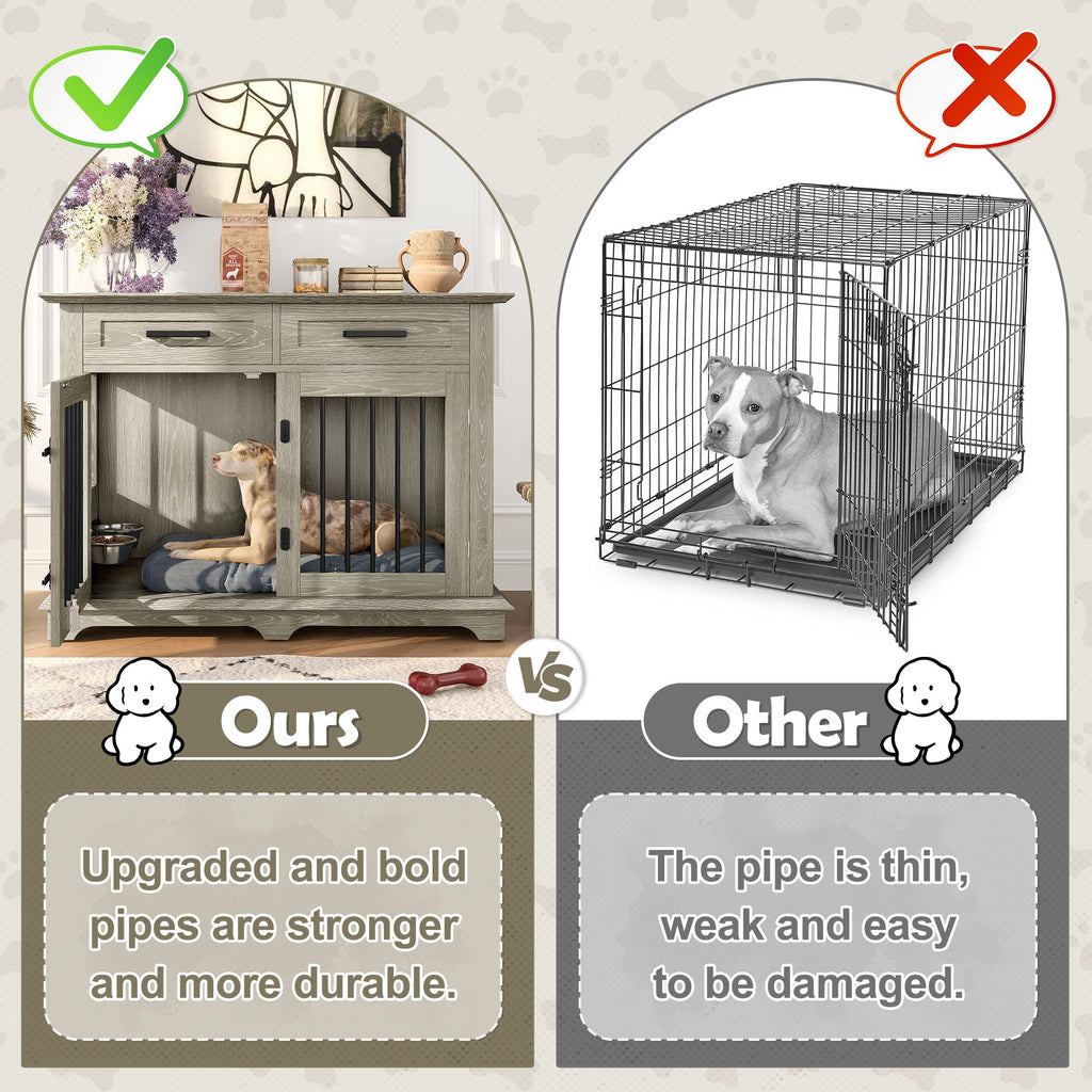 44.48" Large Dog Crate Furniture with Storage Drawers and Rotating Bowls