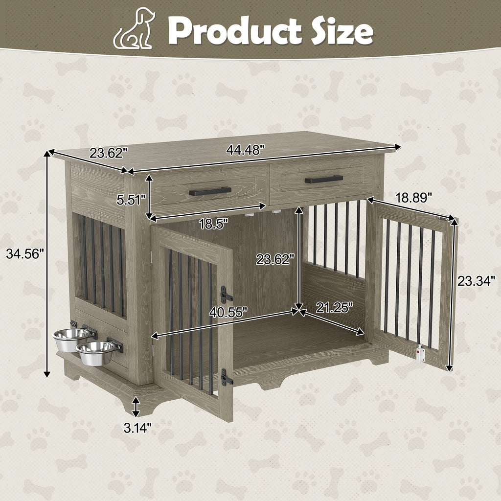 44.48" Large Dog Crate Furniture with Storage Drawers and Rotating Bowls