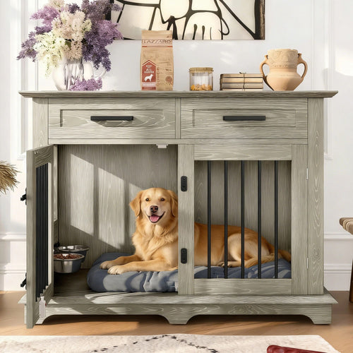 44.48" Large Dog Crate Furniture with Storage Drawers and Rotating Bowls – image 2