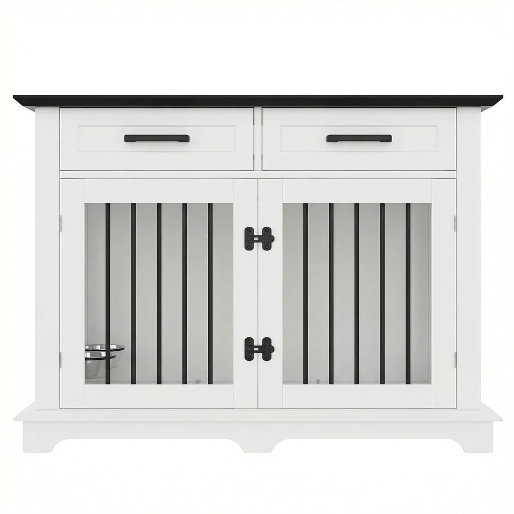 44.48" Large Dog Crate Furniture with Storage Drawers and Rotating Bowls