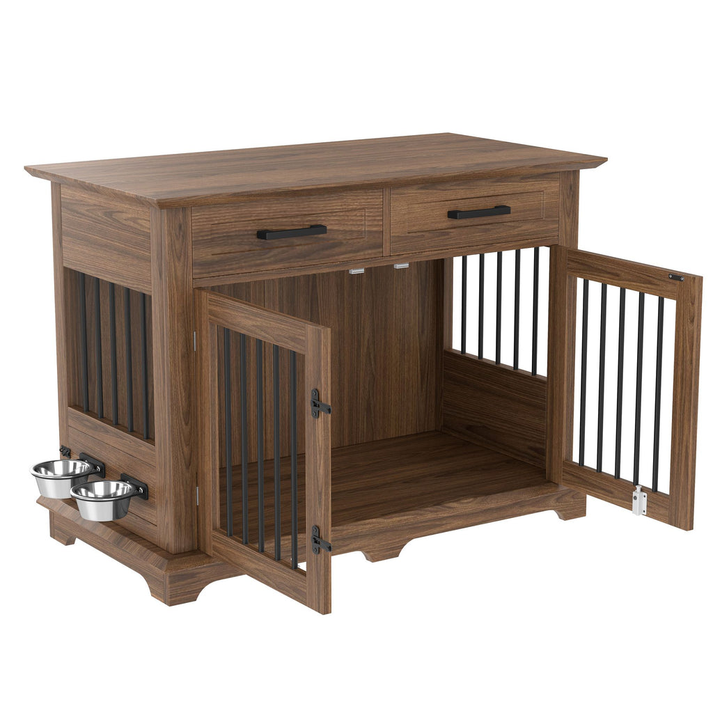 44.48" Large Dog Crate Furniture with Storage Drawers and Rotating Bowls