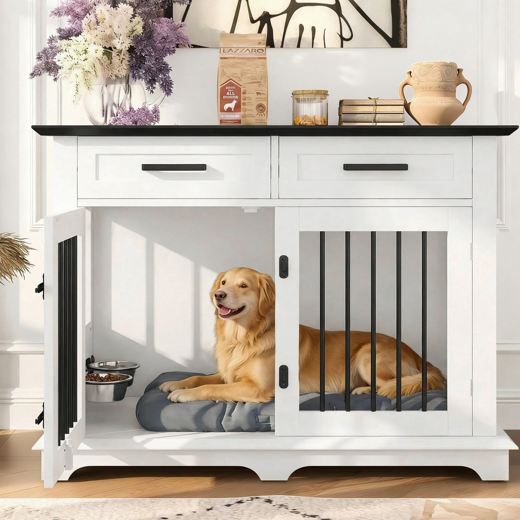 44.48" Large Dog Crate Furniture with Storage Drawers and Rotating Bowls