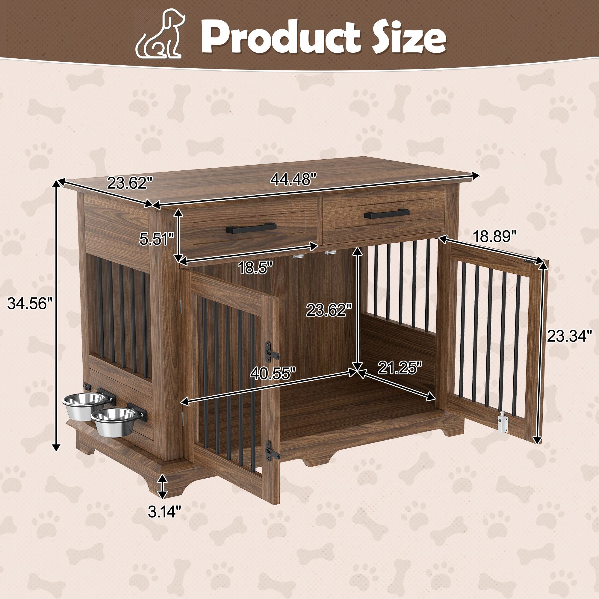 44.48" Large Dog Crate Furniture with Storage Drawers and Rotating Bowls