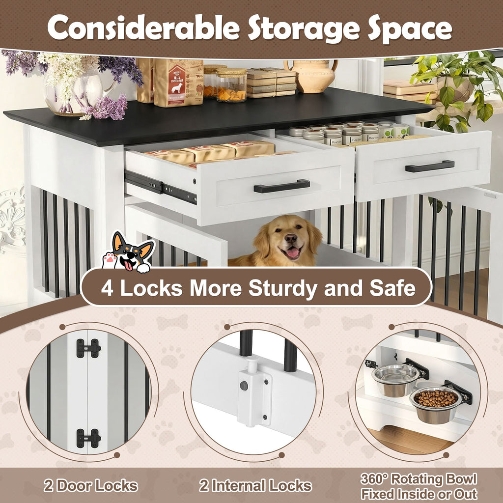 44.48" Large Dog Crate Furniture with Storage Drawers and Rotating Bowls