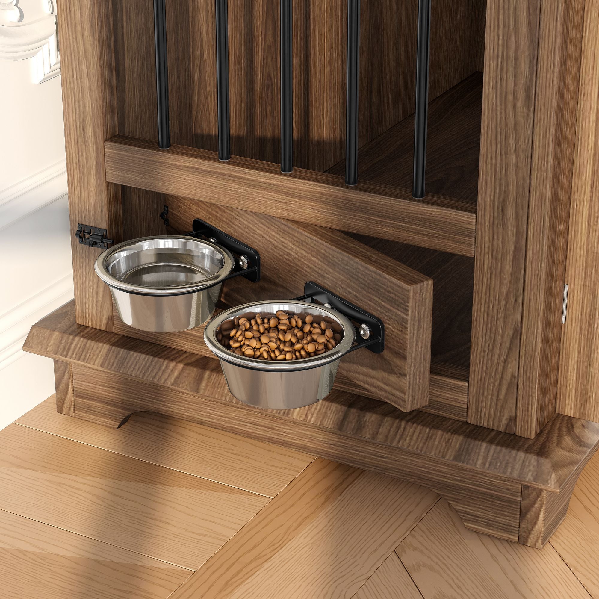 44.48" Large Dog Crate Furniture with Storage Drawers and Rotating Bowls