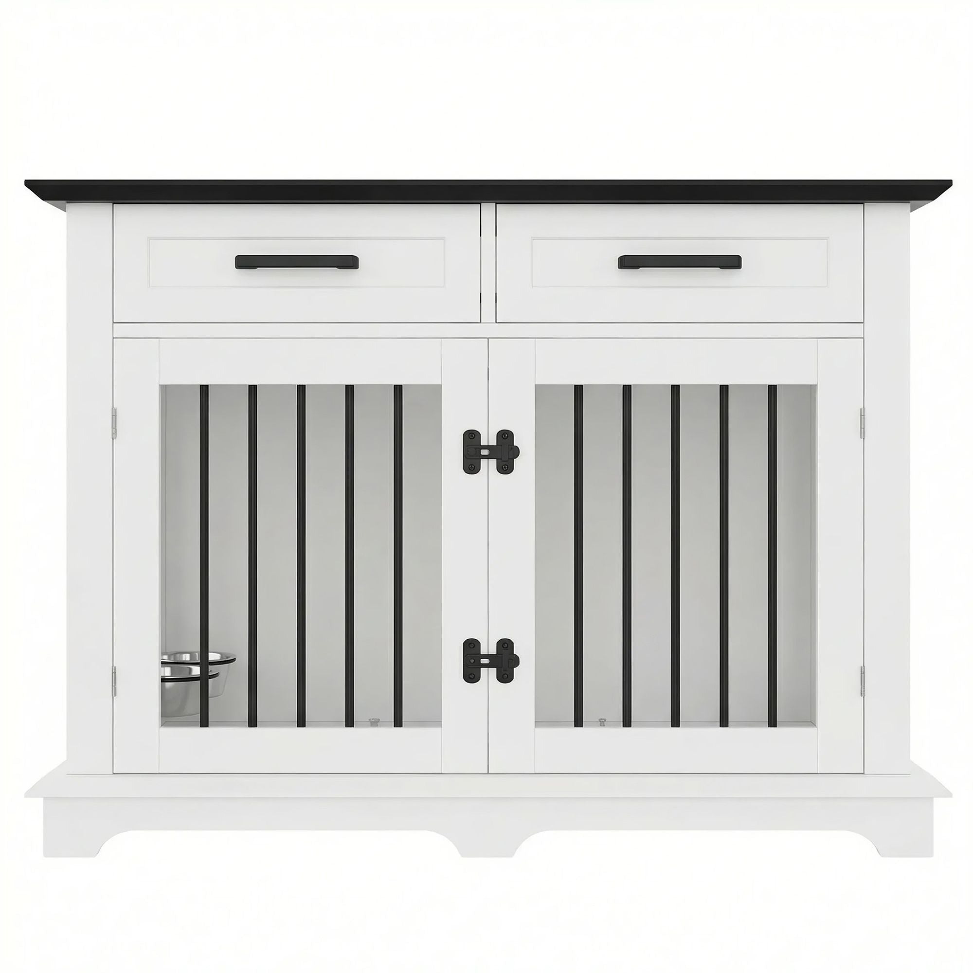 44.48" Large Dog Crate Furniture with Storage Drawers and Rotating Bowls