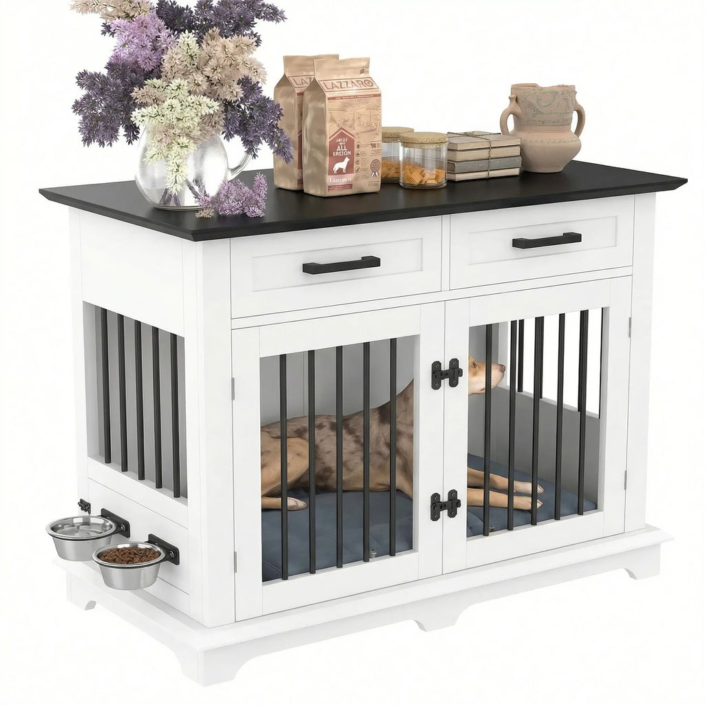 44.48" Large Dog Crate Furniture with Storage Drawers and Rotating Bowls