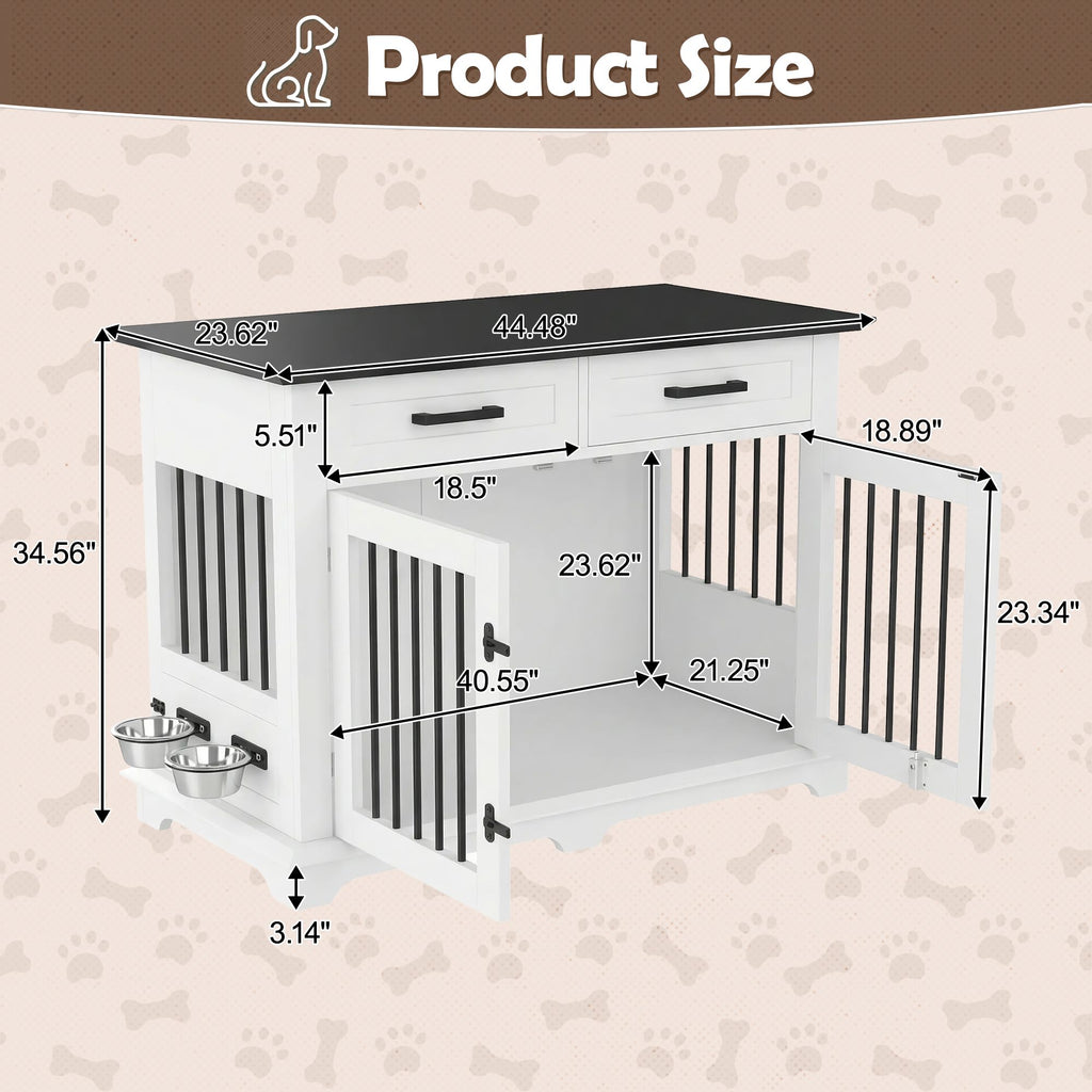 44.48" Large Dog Crate Furniture with Storage Drawers and Rotating Bowls