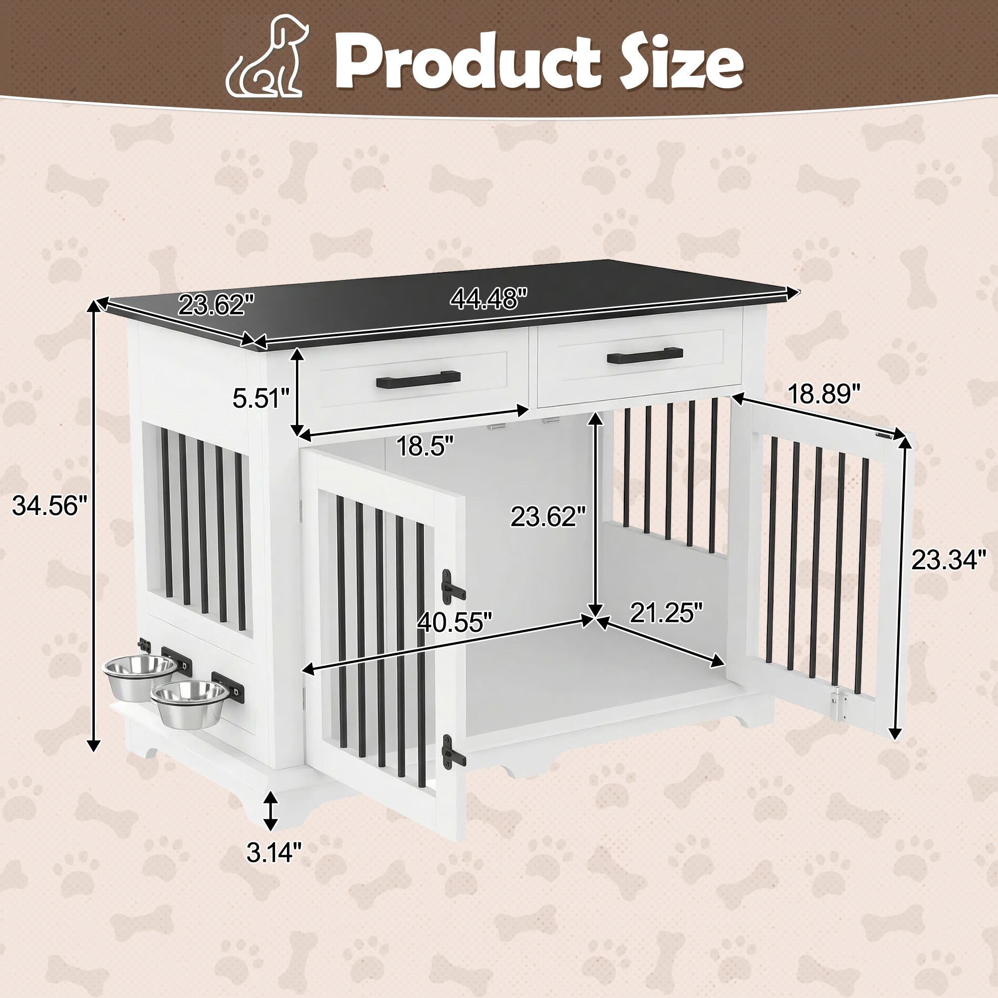 44.48" Large Dog Crate Furniture with Storage Drawers and Rotating Bowls