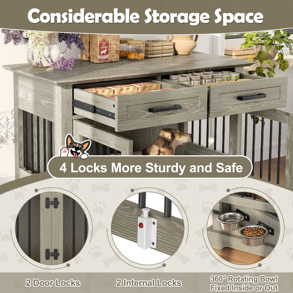 44.48" Large Dog Crate Furniture with Storage Drawers and Rotating Bowls