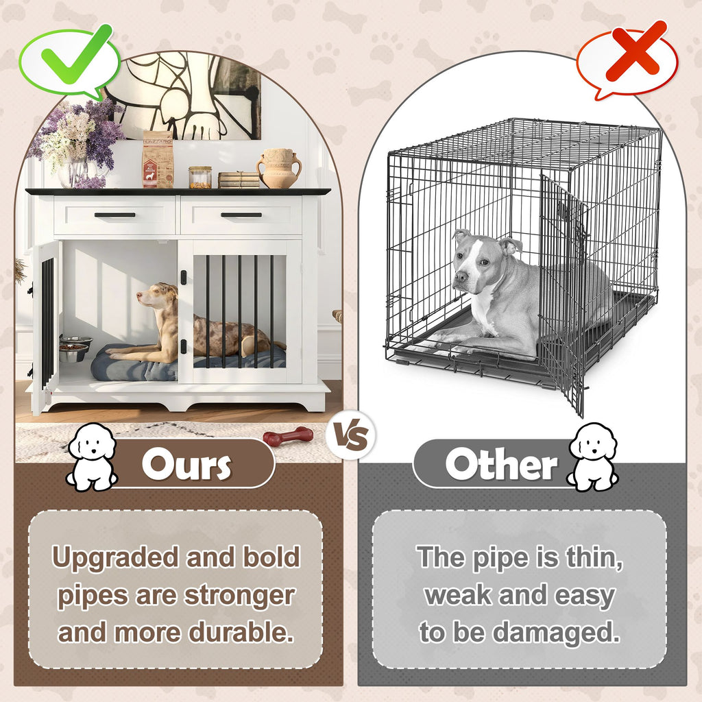 44.48" Large Dog Crate Furniture with Storage Drawers and Rotating Bowls