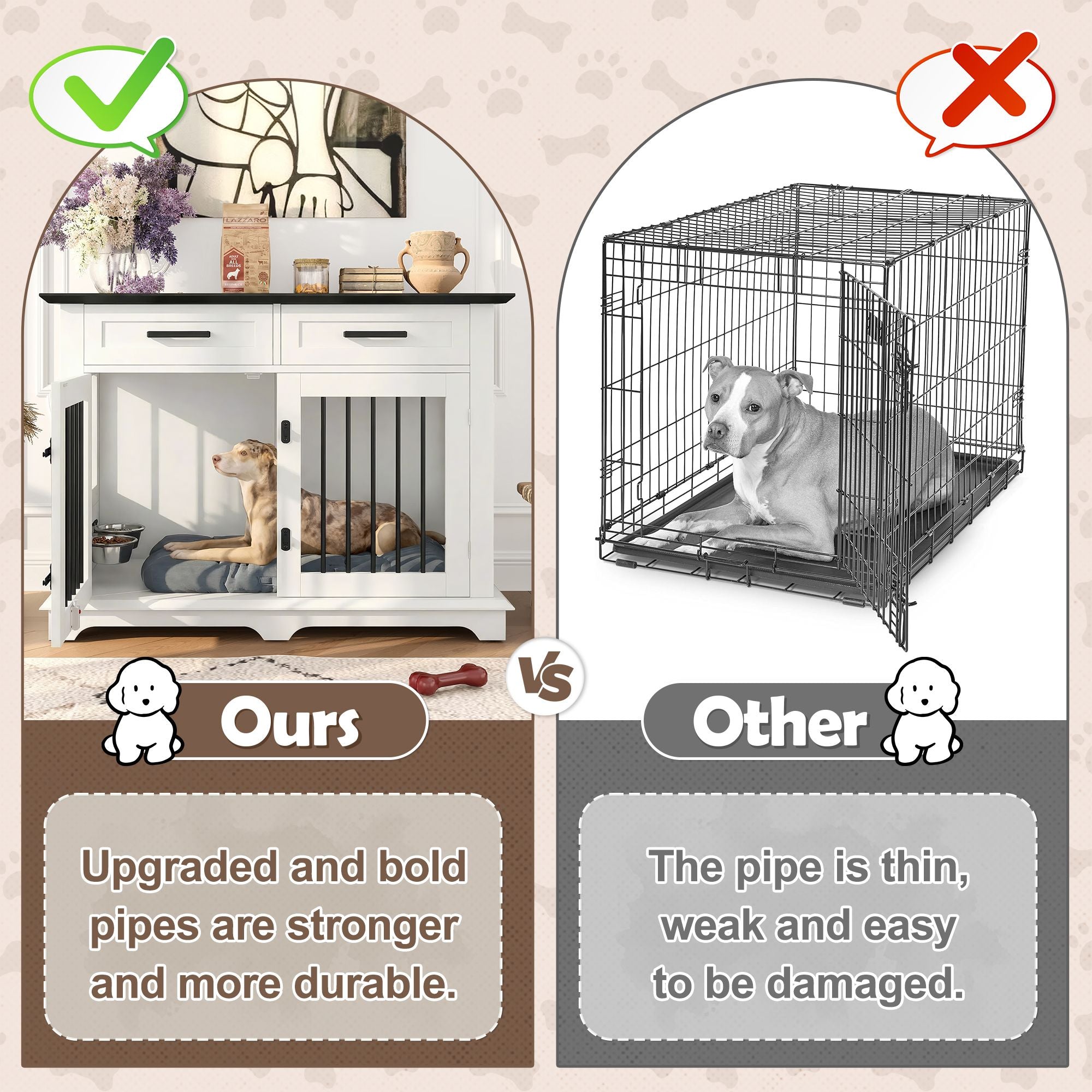 44.48" Large Dog Crate Furniture with Storage Drawers and Rotating Bowls