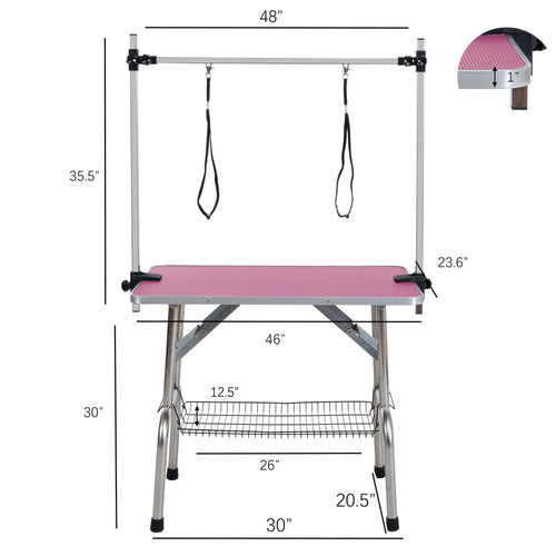 46" Folding Pet Grooming Table with Adjustable Arm and Storage Basket - Pink – image 2