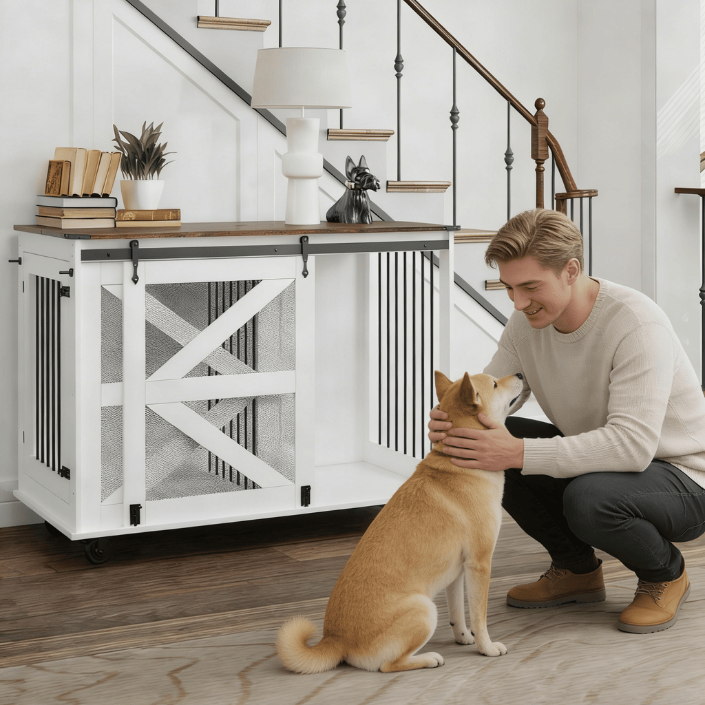Multi-Functional Mobile Dog Crate with Flip-Top and Barn Door Design