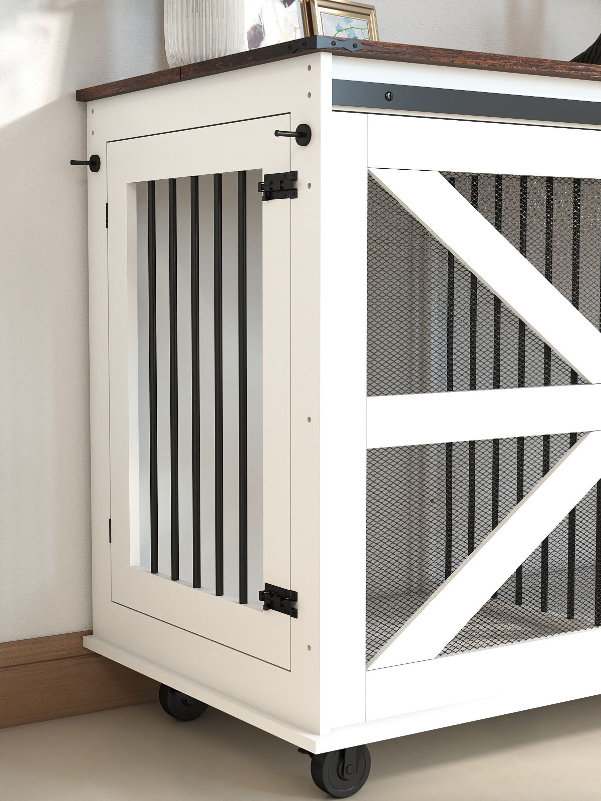 Multi-Functional Mobile Dog Crate with Flip-Top and Barn Door Design