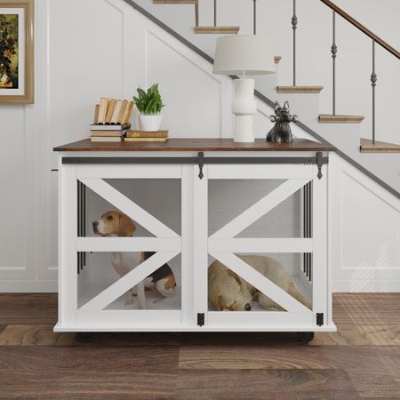 Multi-Functional Mobile Dog Crate with Flip-Top and Barn Door Design