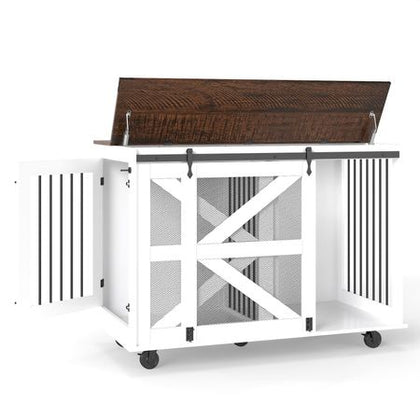 47.2" Mobile Dog Crate with Flip-Top Feeding Door, Dual-Access & 5 Caster System (2 Locking), Side Hooks - Multi-Functional Pet Kennel,double dog crate furniture