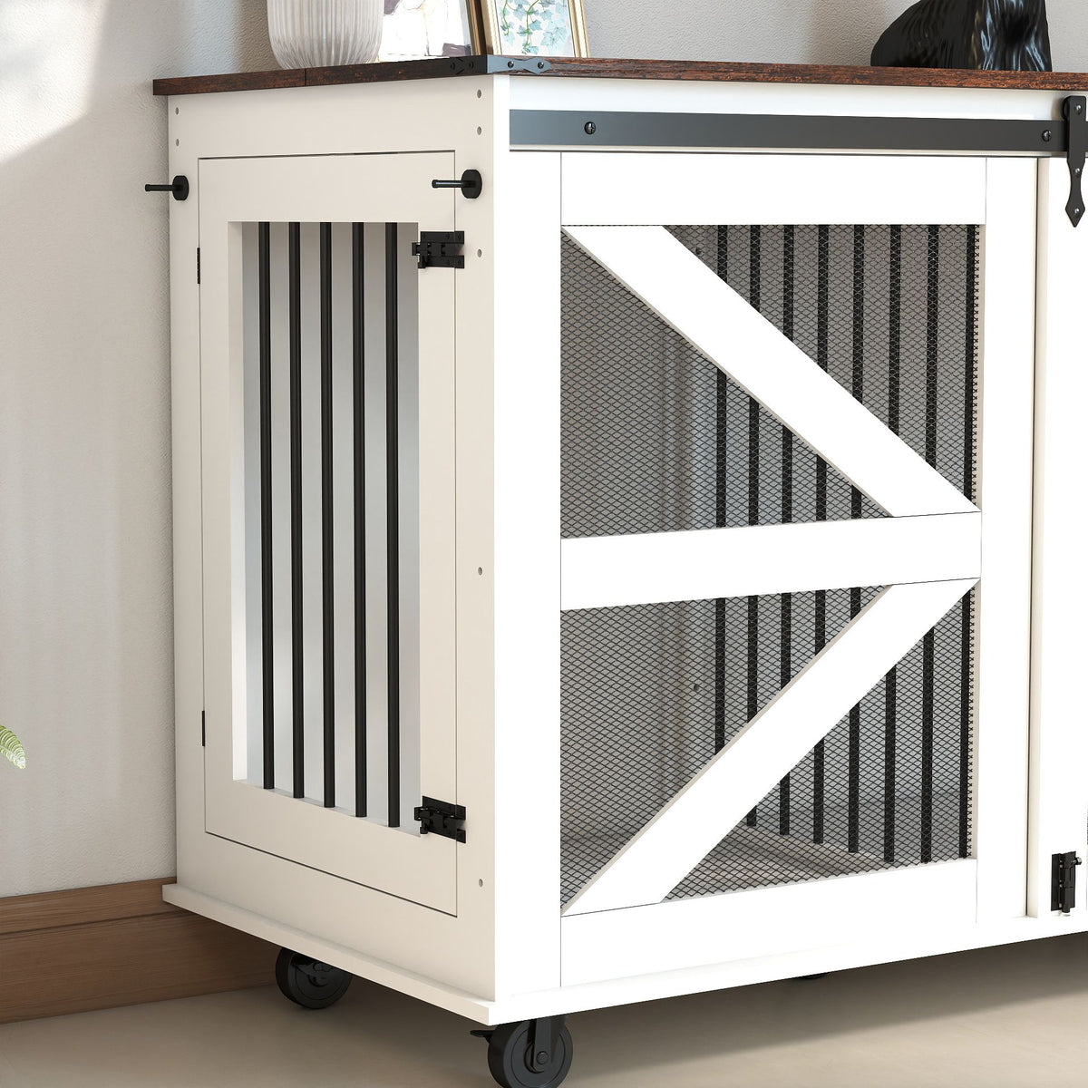 Multi-Functional Mobile Dog Crate with Flip-Top and Barn Door Design
