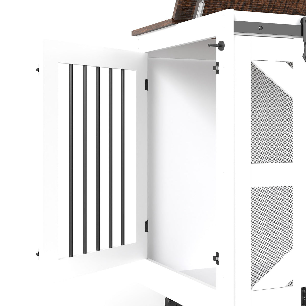 Multi-Functional Mobile Dog Crate with Flip-Top and Barn Door Design