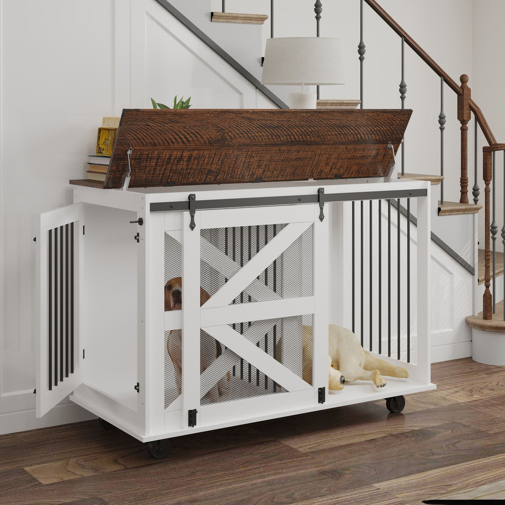 Multi-Functional Mobile Dog Crate with Flip-Top and Barn Door Design