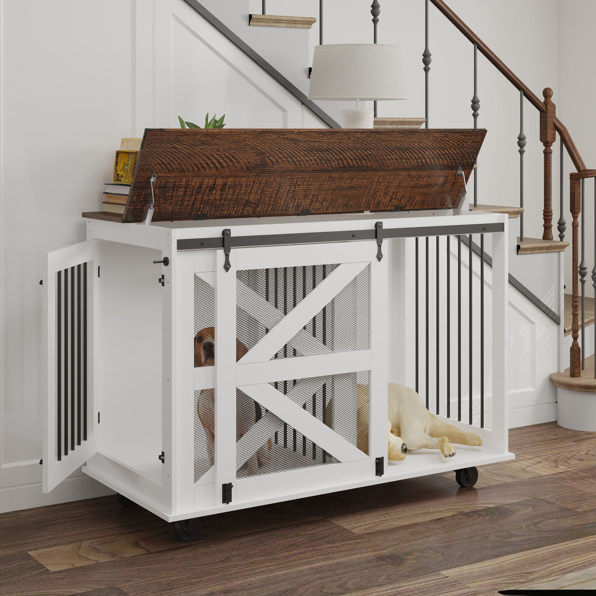 Multi-Functional Mobile Dog Crate with Flip-Top and Barn Door Design
