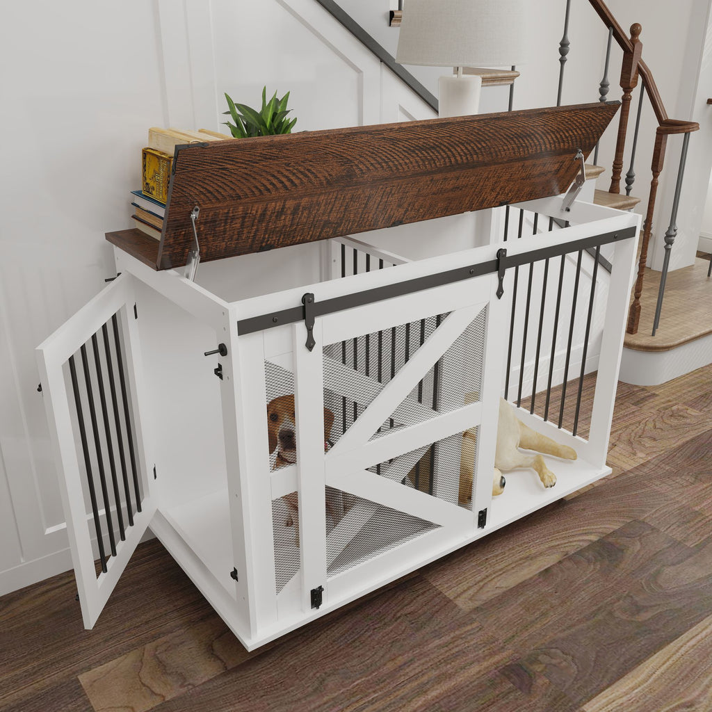 Multi-Functional Mobile Dog Crate with Flip-Top and Barn Door Design