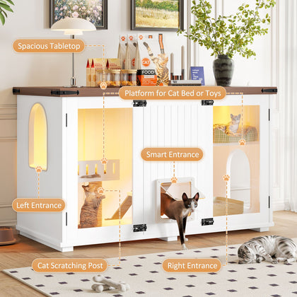 Stylish Cat Litter Box Enclosure with LED Light & Smart Door – 47.25"