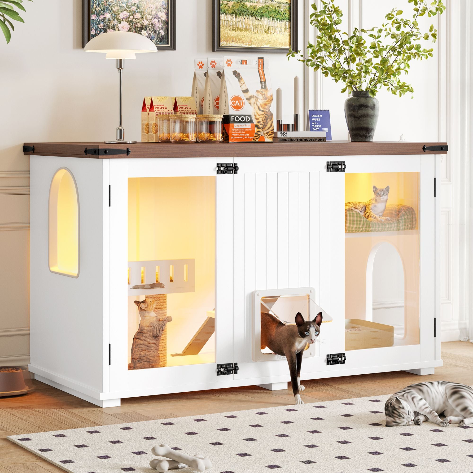 Stylish Cat Litter Box Enclosure with LED Light & Smart Door – 47.25"