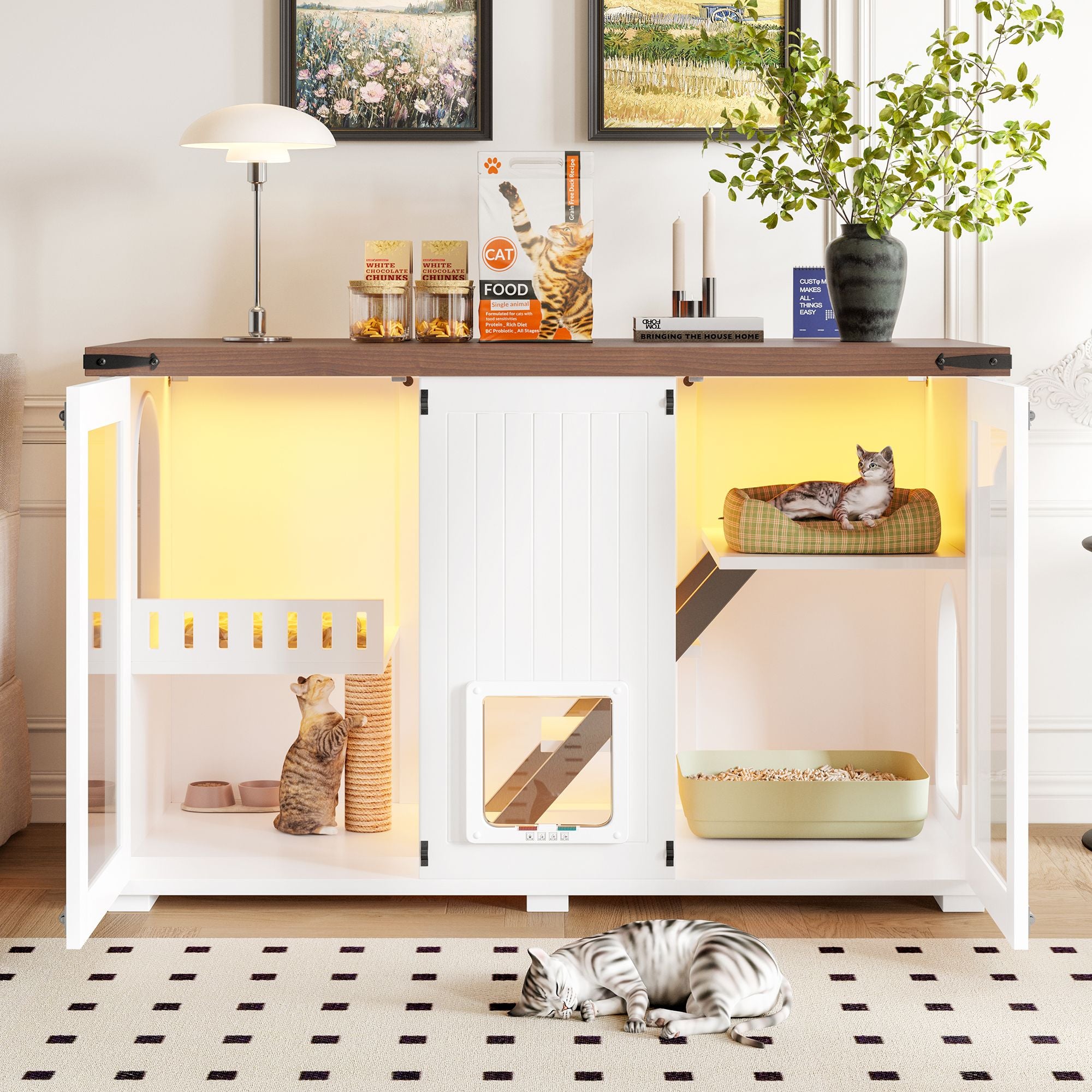 Stylish Cat Litter Box Enclosure with LED Light & Smart Door – 47.25"