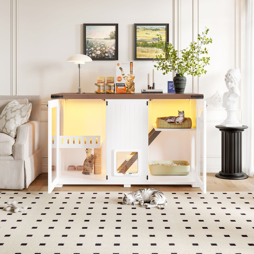 Stylish Cat Litter Box Enclosure with LED Light & Smart Door – 47.25"