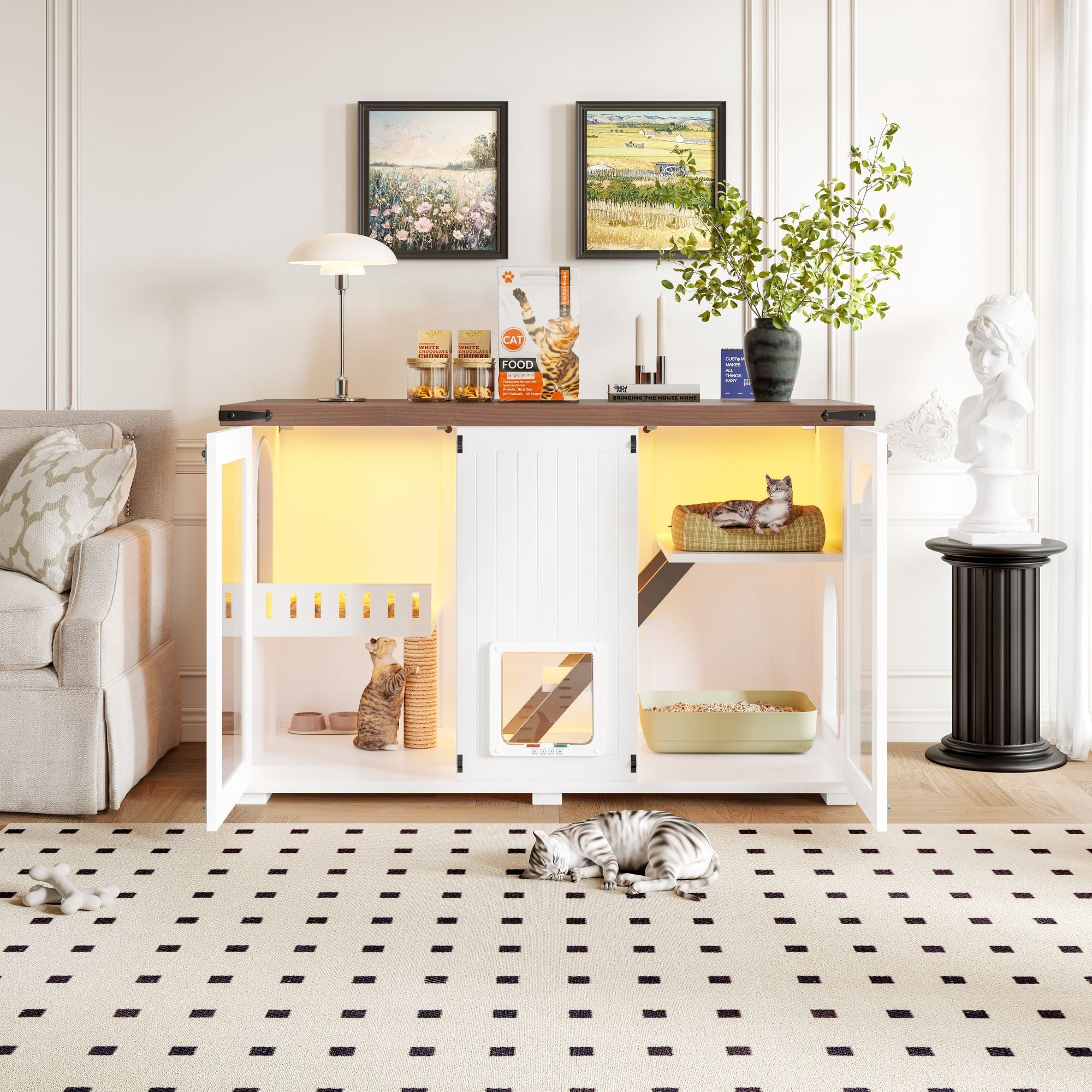 Stylish Cat Litter Box Enclosure with LED Light & Smart Door – 47.25"