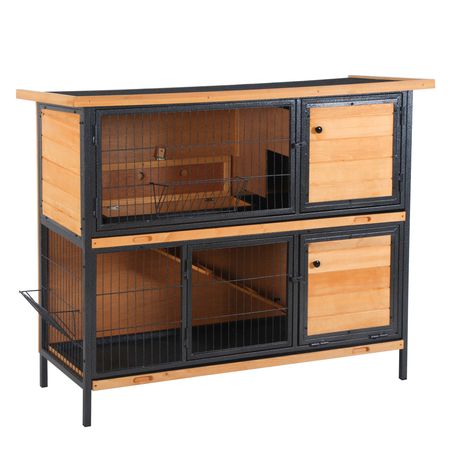 furniture-style 2-Level Bunny Hutch with Asphalt Roof and Feeding Troughs