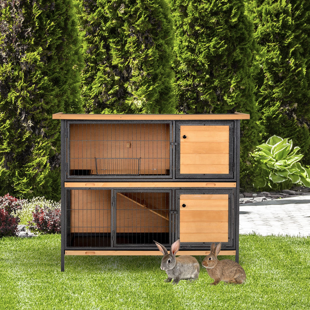 furniture-style 2-Level Bunny Hutch with Asphalt Roof and Feeding Troughs