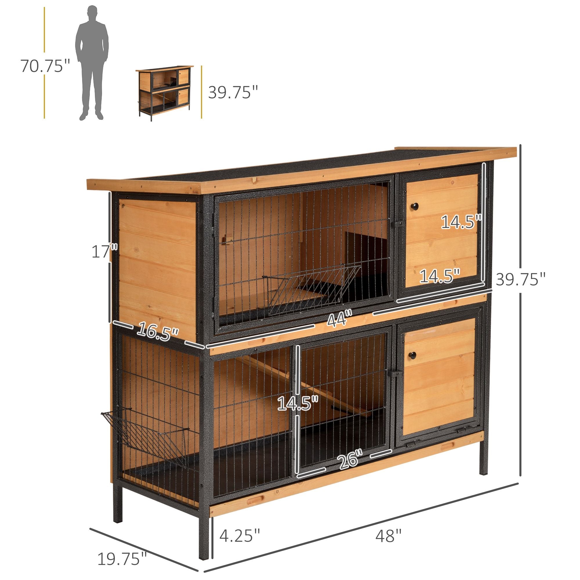 furniture-style 2-Level Bunny Hutch with Asphalt Roof and Feeding Troughs