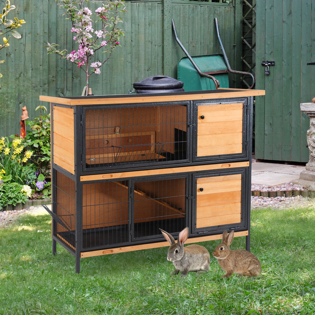 furniture-style 2-Level Bunny Hutch with Asphalt Roof and Feeding Troughs